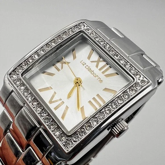 Liz Claiborne Womens Watch Silver Square Crystal Bezel 7.5" New Battery - Picture 4 of 10